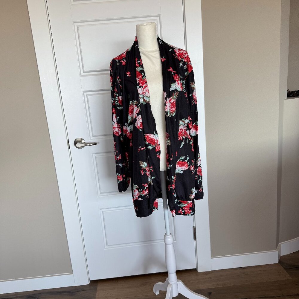 Black Tunic Length Long Sleeved Cardigan with Red & White Roses - XXL
